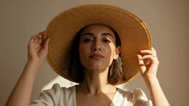 Woman in a straw hat gently adjusting her headwear against a soft, warm background, exuding calmness - aquiline nose