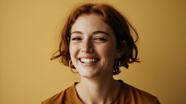 Smiling young woman with curly red hair and hoop earrings against a warm yellow background - aquiline nose