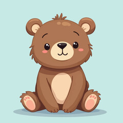 Naklejka premium Cartoon brown teddy bear sitting on light blue background