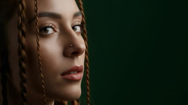Profile portrait of a woman with braided hair against a dark green background, showcasing beauty - aquiline nose