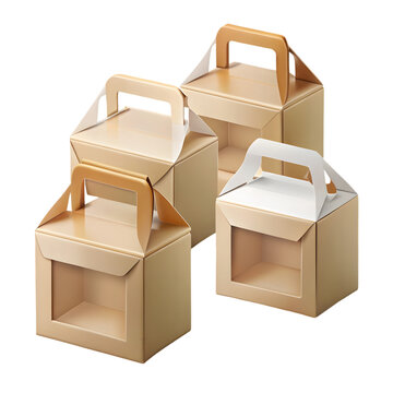 Cardboard cake boxes set isolated on transparent background. Vector realistic illustration of paper package mockup with transparent plastic window and handles, bakery food delivery, blank space for br