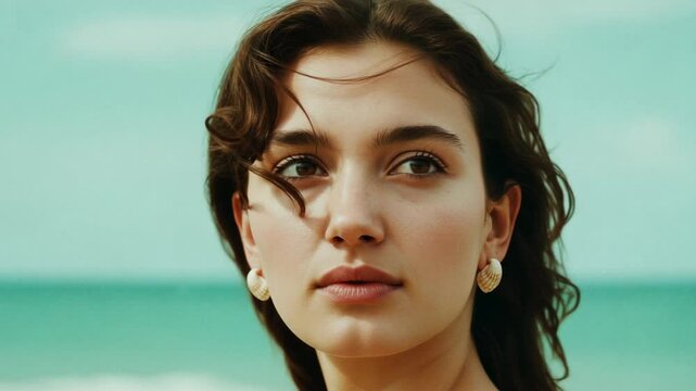 Young woman with natural beauty gazing at the ocean, capturing serene beach vibes and tranquility - aquiline nose