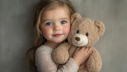 A beautiful young girl holding her teddy bear smiling gently