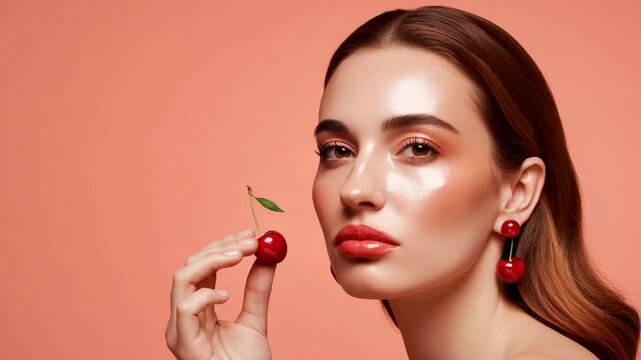 Young woman holding a cherry against a peach background, showcasing beauty and freshness - aquiline nose