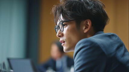 Obraz premium 会議で発言をする日本人男性