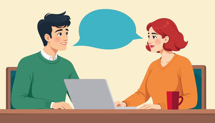 Fototapeta premium Cartoon Couple Chatting Over Laptop with Speech Bubble