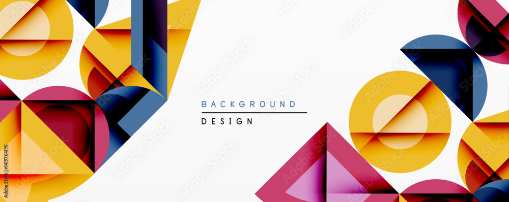 Poster abstract geometric shapes overlap, creating dynamic visual composition. yellow, purple, navy dominat