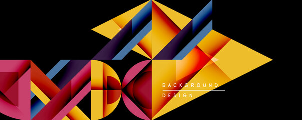 Abstract geometric shapes overlap, creating vibrant colorful design. Black background emphasizes bright triangles, lines, forms. Modern aesthetic.