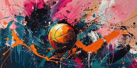 Naklejka premium Abstract graffiti-style basketball painting with pink, orange tones and a splash of blue paint, dynamic and energetic.