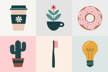 Simple icons of daily necessities and treats.