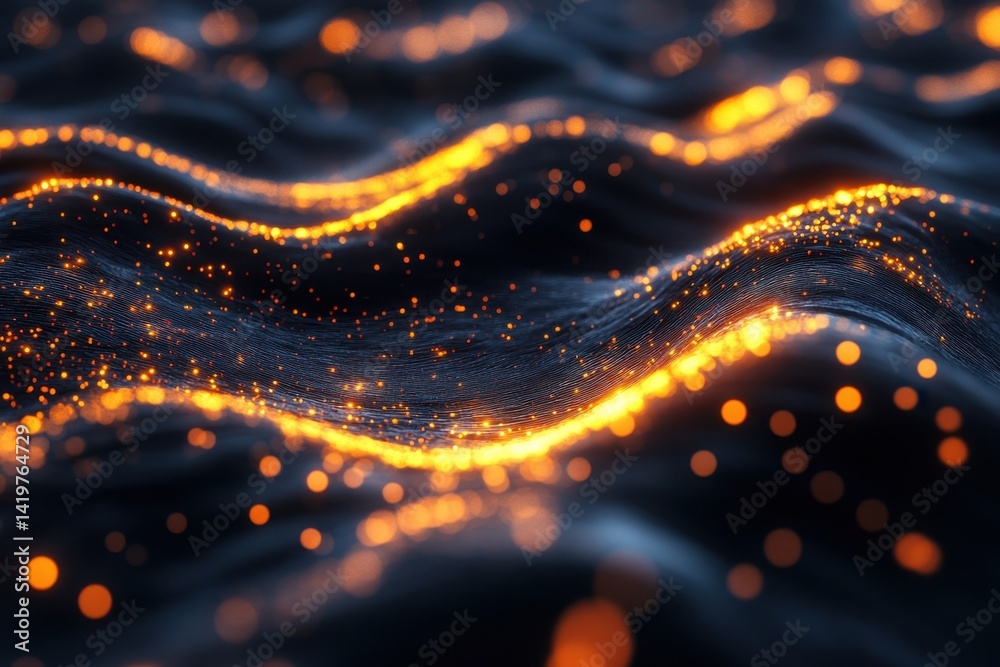 Poster flowing waves of glowing particles create a mesmerizing visual display in dark surroundings