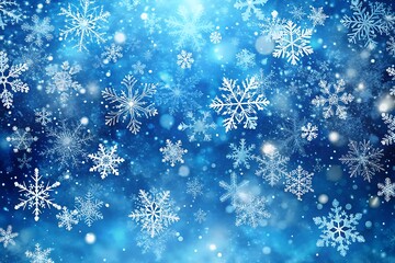 Detailed White Snowflakes Scattered on Light Blue Background with Bokeh and Snowfall