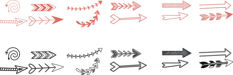 Hand-drawn arrows, sketchy design elements, black and red ink, directional symbols, various arrow shapes, upward and forward pointing arrows, curved arrows, straight arrows, doodle style, minimalist i