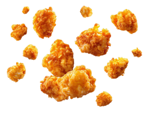 Floating crispy fried chicken popcorn pieces