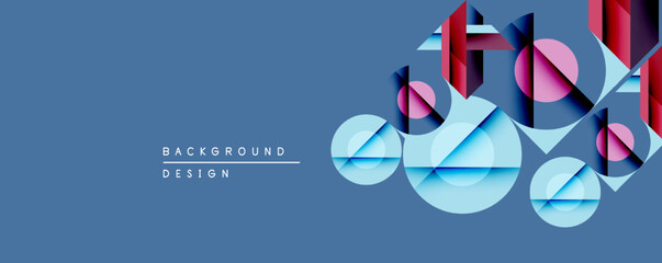 Abstract geometric shapes overlap, creating dynamic visual effect. Blue dominates, accented by pink, purple hues. Modern design element.