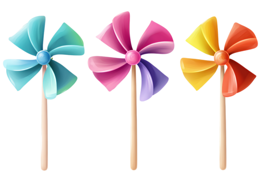 Colorful pinwheels isolated on a transparent background, cutout in PNG