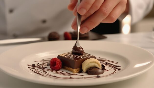 Intricate Chocolate Dessert Creation: A Pastry Chef’s Artistic Placement - Macro Close-Up Shot