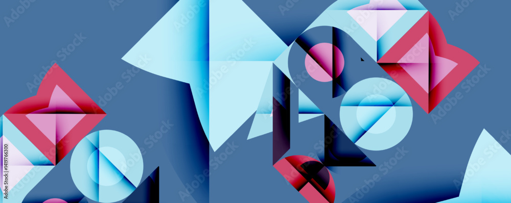 Leinwandbilder Abstract geometric composition. Shapes overlap, creating depth. Cool blues contrast with warm reds, pinks. Modern design elements present.