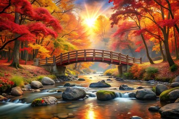 Autumnal River Landscape With Wooden Bridge, Trees with Red Leaves and Sunburst Scenery