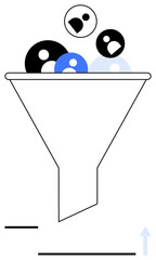 Funnel collecting multiple persona icons representing sorting, conversion, or targeting strategies. Ideal for marketing, recruitment, analysis, strategy, conversion, segmentation and customer