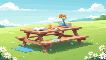 Cartoon Picnic Scene with Daisies and Reading Material