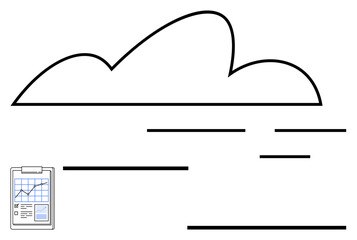 Cloud design with minimal linear accents and a small clipboard displaying analytical data. Ideal for technology, cloud storage, data visualization, analytics, business, internet, simple landing page