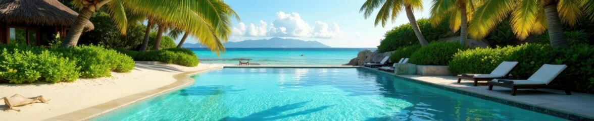 Fototapeta premium Palm fringed oasis pool, shimmering blue water, sun-drenched sands, tropical, nature