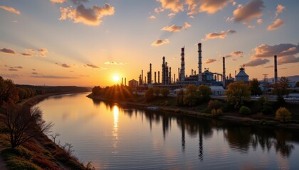 Sunset over Industrial Complex with Smokestacks and Reflections in Calm Water, Sky with Soft Clouds and Warm Hues