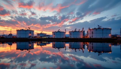 Fototapeta premium Dramatic Sunset Over Industrial Storage Tanks with Reflections in Calm Water Landscape