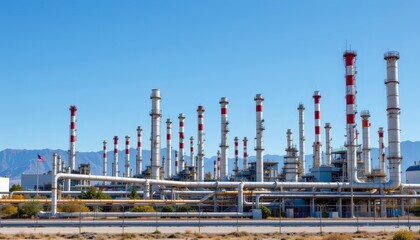 Obraz premium Industrial Plant with Tall Smokestacks and Piping Against Blue Sky and Mountains in the Background