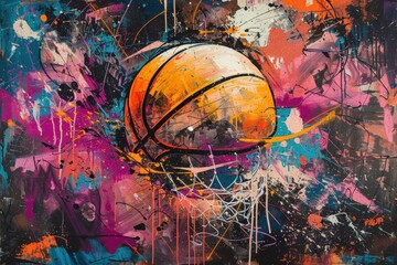 Naklejka premium Abstrakcyjny obraz w stylu graffiti z żywymi kolorami, piłką do koszykówki w centrum, rozpryskami i siatką, ciemnym tłem, wysoką rozdzielczością.