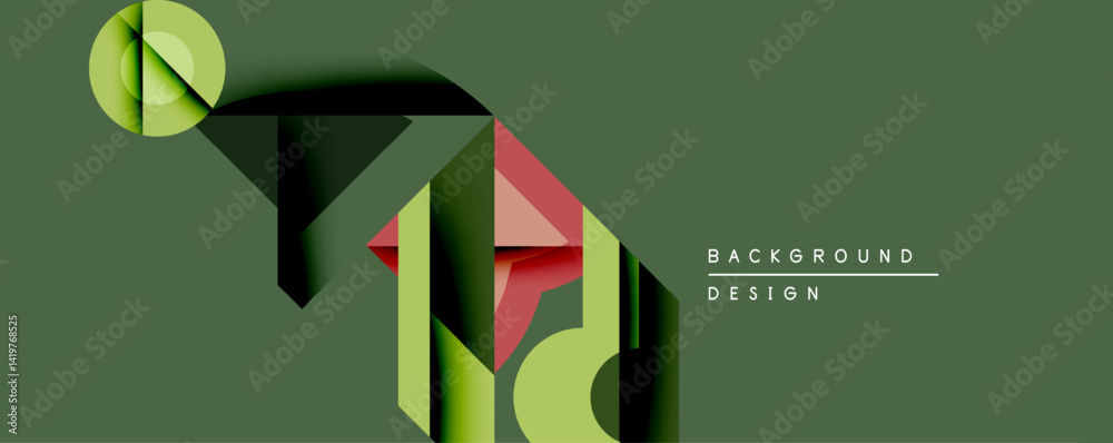 Poster abstract geometric shapes overlap, creating depth. green, red hues dominate design. minimalist style