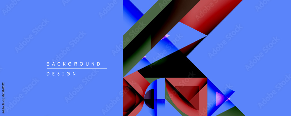 Poster Abstract geometric composition. Blue background features red, green shapes. Modern design elements create dynamic visual impact.