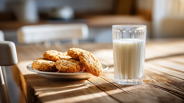Cozy wooden kitchen table with cookies and milk