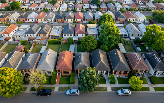 Suburban Aerial View Rows of Houses, Green Lawns, and Cars Parked on Street, Showing Dense Residential Neighborhood
