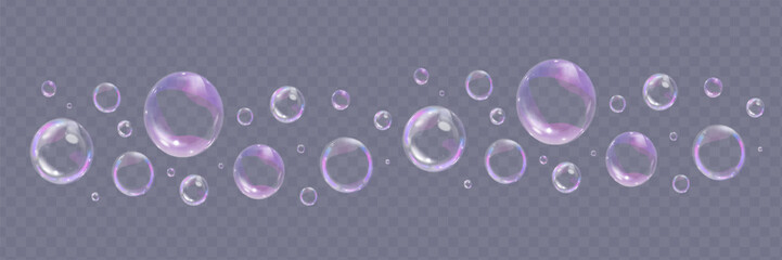 Colorful soap bubbles on a transparent background. Bright, dreamy bubbles with a rainbow gradient effect. Realistic soap bubble element vector set. Vector