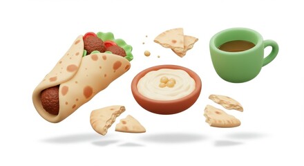 Delicious wrap hummus pita coffee meal illustration