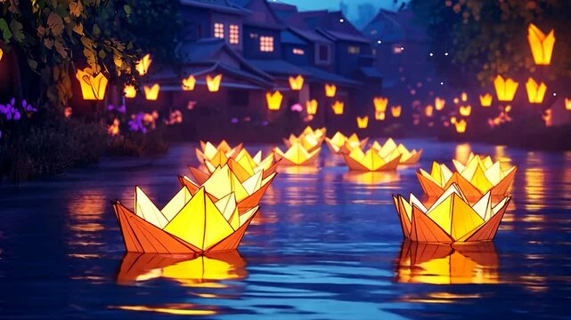 Paper Lanterns on Canal in Night Town