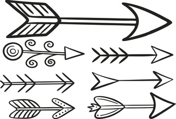 black and white arrows, hand-drawn style, vector graphics, curved arrows, straight arrows, directional symbols, dynamic shapes, simplified design, minimalist illustration, graphic elements, variety of