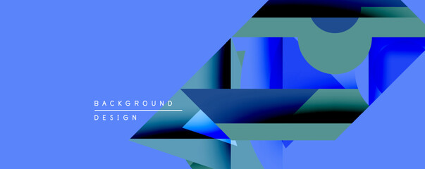 Abstract geometric shapes overlap blue background. Modern design elements create dynamic visual composition. Smooth gradients enhance depth.