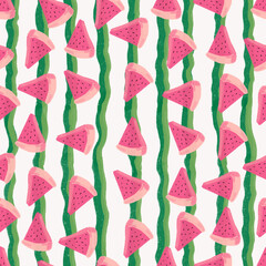 watercolor seamless playful hand drawn pattern with watermelon on striped background