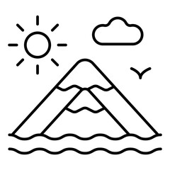 Mountain island, sun and cloud thin line icon, travelling concept. Vector graphics. Nature and sea, landscape sign on white background, linear style mobile or design.
