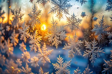 Frosty Window with Snowflakes and Winter Trees Silhouettes in Warm Sunset Light