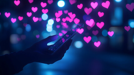 A hand holds a phone displaying glowing hearts against a blurred city night backdrop.  Perfect for social media, love, or technology concepts.