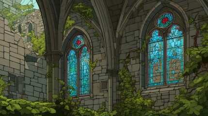Obraz premium Overgrown, decaying gothic cathedral interior.