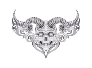 Fototapeta premium Demon skull tattoo surreal art design by hand drawing on paper.