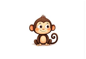 Obraz premium Cute Brown Cartoon Monkey Sitting on White Background