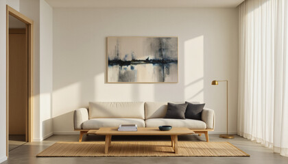 Modern interior design architecture photography: Soft sunlight illuminates a minimalist living room featuring a neutral-toned sofa, coffee table, and artwork, creating a serene and inviting atmosphe