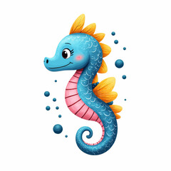 Fototapeta premium Cute Cartoon Blue Seahorse with Bubbles