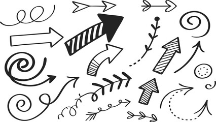black and white arrows, hand-drawn style, vector graphics, curved arrows, straight arrows, directional symbols, dynamic shapes, simplified design, minimalist illustration, graphic elements, variety of